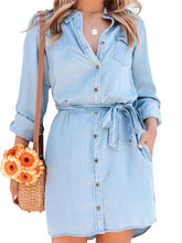 Pbong Women Autumn Denim Shirt Dress Solid Color Long Sleeve Button-Down Lapel Short Dress with Belt