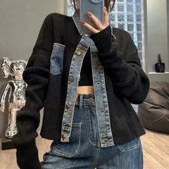 Korean style design, niche, loose sweater, women's autumn new denim patchwork knitted top jacket