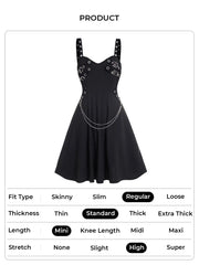 Women Summer Gothic Dress Plain Color Dress Grommet Buckle Chain Embellishment High Waisted Sleeveless A Line Midi Dress
