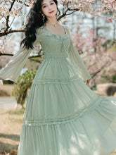 Women New Fairy Midi Dress Elegant Square Collar Lace Ruffle Sweet Dress Autumn Long Sleeve Prom Party Evening Vestidos New