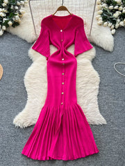 2025 Autumn Sweater Dress Female High Quality Button Design V Neck Solid French Style Elastic Knitted Women's Dress