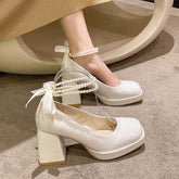 Lucyever Pearls Strap Platform Pumps Women Shoes Fashion High Heels White Mary Janes Woman Thick Heeled Party Wedding Shoes