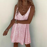Pbong Summer New Women's Fashionable Sexy Tank Dress Solid Color Loose-Fit Long Dress With Sequins V-Neck Fashion Accessories
