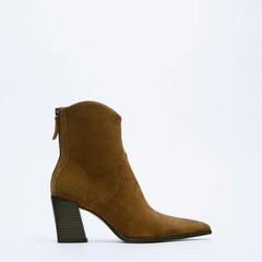 Women Boots High Heels Heeled Cowboy Ankle Boots Winter Fashion Pointed Toes Heel Women Chunky Heel Woman Shoes Brown