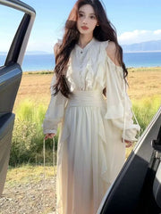 Women Elegant Solid Color Ruffle Fairy Dress Korean Fashion Slim-Waist A-Line Midi Dress French Princess Party Wedding Ball Gown