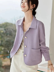 Elegant Slim Purple Jacket Women Sweet Long Sleeve Small Fragrance Coat Casual Fall Winter Lady French Pockets Fashion Tops