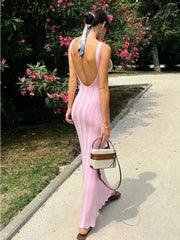 Tossy Summer Knit Ribbed Maxi Dress Female Slim Hollow Out Backless High Waist Fashion Beach Holiday Clothes Long Dress Women's