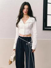 White Lace Cropped Blouses Women Coquette Aesthetic Bow Sweet Shirts Fairycore Elegant Chic Long Sleeve Tops Ladies New