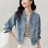 New 2025 Spring Autumn Temperament Retro Women's Short Cowboy Jacket Stand-up Collar Long-sleeved Ladies Denim Overcoat