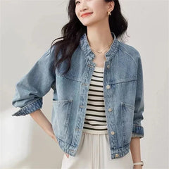 New 2025 Spring Autumn Temperament Retro Women's Short Cowboy Jacket Stand-up Collar Long-sleeved Ladies Denim Overcoat
