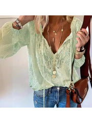 Women's Retro Ethnic V-Neck Lace Chiffon Shirt Casual Loose Office Top Spring Fashion Ladies Tops