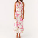 Floral Print V Neck Halter Maxi Dress with Scarf Sexy Women Bodycon Long Dresses Lady Formal Cocktail Party Backless Sundress