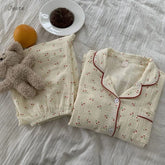 Cotton Comfort Sleepwear Casual Women Pajamas Spring Summer Cherry Print Cute Lapel Button Shirts And Pant Two Piece Sets 2024