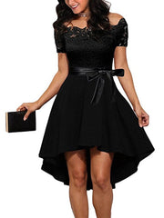 Elegant Red Lace Dress Women Patchwork Slash Neck Short Sleeve Sashes Tunic Dress Summer Ladies Sexy Evening Party Dresses