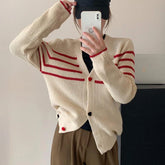 Striped Knit Cardigan Sweater with Heart-shape Button Front V-Neck Sweater Jacket Female Autumn Winter French Chic Cute Outfit