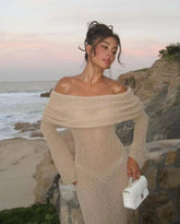 Women's Summer Slash Neck Sunscreen Maxi Dress Chic Long Sleeve Bodycon Knitted Vestidos Female Elegant Holiday Beachwear