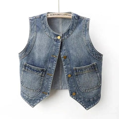 New Ladies Denim Vest Jacket 2025 Summer Retro Versatile Women's Waistcoat Tops Round Neck Sleeveless Female Cowboy Horse Clip