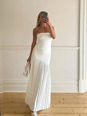 Women Solid Pleated Hem Patchwork Long Dress Fashion Backless Strapless Sleeveless Slim Maxi Dresses Sexy Vocation Streetwear