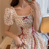 Floral Lace Dress Mori Girl Style Elegant Puff Sleeve Bandage Kawaii Fairy Princess Mini Short Dresses Woman