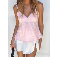Women's LaceTop Pink Sleeveless Strapless Camisole Y2k Top Fairy Grunge V-neck Tank Top T-shirt 2000s Clothing Summer Streetwear