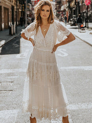 Hollow Out White Dress Sexy Women Lace Long Dress Cross Semi-Sheer Plunge V-Neck Short Sleeve Lace Maxi Dress