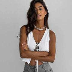 Casual Lace Up Vest Top Female Sexy Cut Out Sleveless Cardigan White Cotton Tanks Summer Fashion Hot Girl Club Party Vest