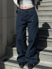 Pbong Women's Casual Loose Rivet Wide Leg Jeans Basic Low-Waisted Straight Pants Streetwear Ladies Trousers