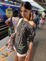 Y2k Japanese T Shirt Women Slim Striped Off Shoulder Tee Tops Streetwear Korean Style Vintage Tops Autumn 2000s Tshirts