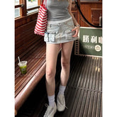 American Retro Skinny Pockets Denim Short Skirt Vintage 2000s High Waist Slim-fitting Basic Women Streetwear Y2k Mini Dress