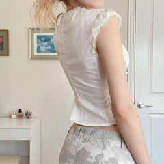 y2k White Crop Top Button Ruffle Trim Tie up Short Sleeve T Shirt Women Fairycore Balletcore Chic Tee Summer Korean 90s Clothes