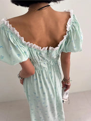 2025 New Vintage Sweet Puff Sleeve Summer Women Dress Floral Print High Waist Slit Long Dress Fashion Vacation Woman Clothing