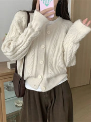Korean Fashion Cropped Cardigan Women Vintage Twisted Knitted Sweater Casual Basic Solid Long Sleeve Tops Autumn Winter