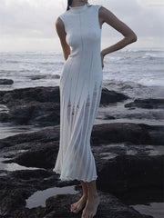 Summer Knit Slim Maxi Dress Female High Waist Hollow Out Sleeveless Knitwear Fashion Dress Elegant Women Pullover Dress