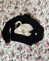 Black Pink sweater White Swan pattern New slim-fit Retro slim-fit narrow neck knit sweater jacket Fashion women's winter sweater