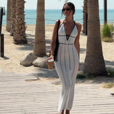 New Fashion Sexy Deep V-neck Hanging Neck Beach Dress Tight Backless Patchwork Hollow Fashion Summer Long Dress 2025 Vestidos