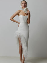 New Women Sexy Strapless Black White Feather Midi Bandage Dress Split Knitted Elegant Evening Bodycon Party Dress