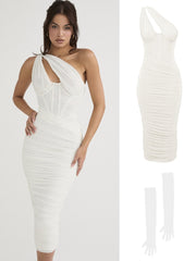 Summer Midi Mesh Dress Bodycon One Shoulder Eveining Night Party Dresse Cut Out Draped Women Birthday Dress Elegant Stretch