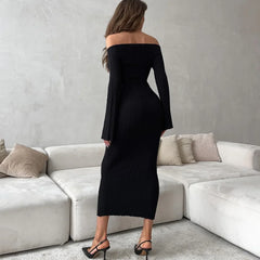 Simple Ribbed Knit Long Skirt Solid Color Slash Neck Chic Spring Autumn Women Dress Core Spun Yarn Fashion Slim Dresses 2025 New