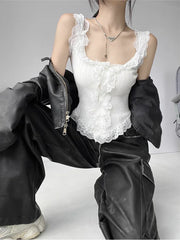 Women's Sweet Girl White Lace Knitted Crop Top Korea U-Neck Spaghetti Straps Tank Top 2025 Summer Female White Lace Stretch Cami