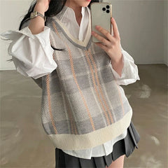 Checked Sweater Vest for Women Ovesized V-neck Sleeveless Pullover Knitted Vest Top Fall Winter Preppy Casual Chic Outfit