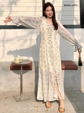 Korean Floral Print Sweet Long Dress 2025 New V-neck Ruffle Chic Spring Dress Lantern Sleeve Slit Fashion Vacation Summer Dress
