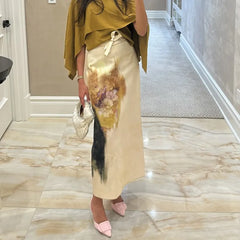 Fashion Flower Print Elegant Chic Women Skirt Zipper Straight Slit Summer Skirt Lady 2025 New Beige Fashion Woman Clothing