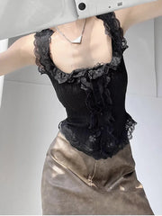 Women's Sweet Girl White Lace Knitted Crop Top Korea U-Neck Spaghetti Straps Tank Top 2025 Summer Female White Lace Stretch Cami