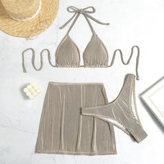 3 Pieces Ribbed Bikinis Halter Triangle Swimsuit & Skirt Swimwear Women Bathers Bathing Swimming Swim Suit Female Beachwear