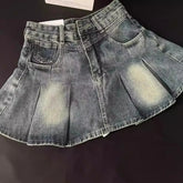 Pbong High Waist A- Line Mini Skirt Women's Denim Pleated Skirt Summer American Retro Sexy Short Skirt plus Size Anti-Light