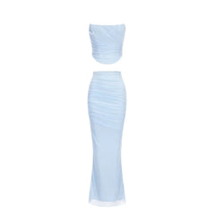 Elegant Maxi Wedding Guest Dress Set Sexy Strapless Blue Cropped Top Set Bodycon Holiday Party Dresses Women