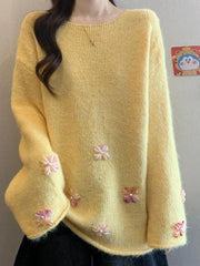 Sweet Floral Chic Sweater Women O Neck Cute Long Sleeve Knitted Jumpers Fashion Preppy Style Loose Lazy Wind Lady Fall Pullover
