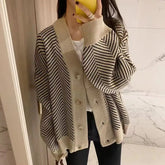 Women's Sweater Button Down V-Neck Striped Cardigan Knitted Tops Single Breasted Autumn Winter Casual Chic Knitwear Outfit