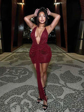 Tassel Dress Women Backless Patchwork Summer Lace-Up Halter Deep V-Neck Pleated Midnight Club Party Mini Bodycon