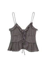 Women Fashion Grey Pleated Backless Ruffled Cropped Tops Vintage Thin Straps V-Neck Female Chic Lady Crop Top